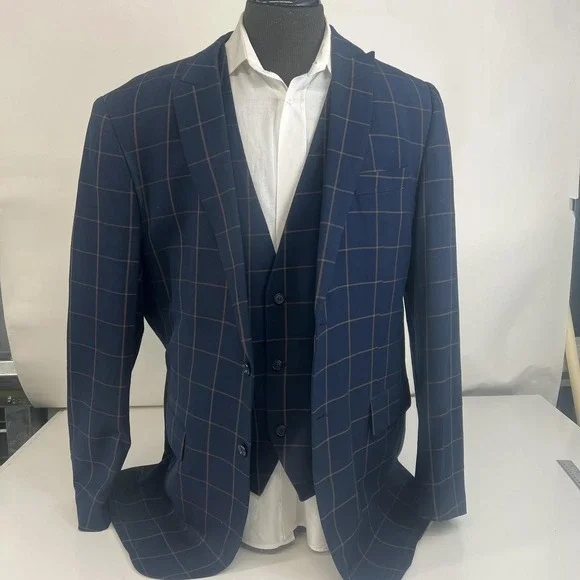 Steven‎ Land Suit 3 Piece 44L 36x30 Blue Henry Windowpane Plaid Dressy